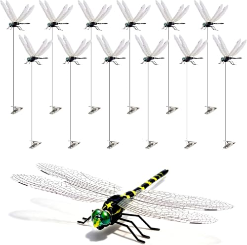 12 Pack 3D Dragonfly Clips, Fake Dragonflies with Stakes, Realistic Plastic Dragonfly Garden Decorations, Fly Deterrent Clips for Hats, Pets, Horses, Deer, Yard, Patio, Indoor & Outdoor Decor