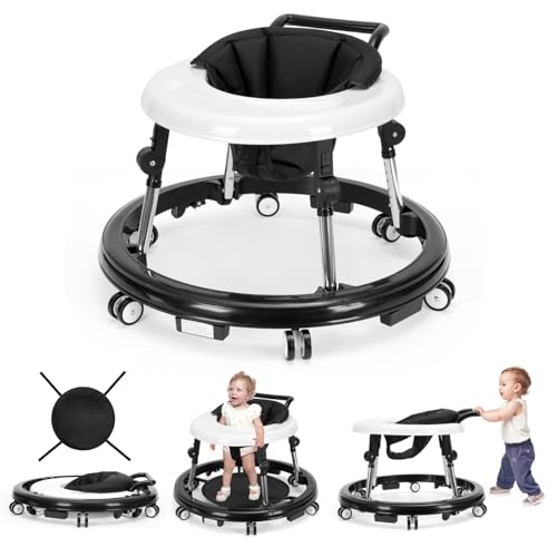 Foldable Baby Walker with 9 Height Adjustments, Portable Wheels, for Boys & Girls 6–18 Months