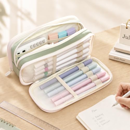 Sooez Large Capacity Pencil Case Pouch, Cute Pencil Pouch Pencil Bag | 3 Compartment, Aesthetic Pen Case with Zipper, Sturdy Stationery Organizer, School Supplies for Teen Girl Boy Women Men, Pink