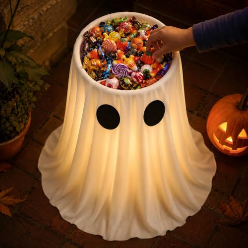 30 in Large-Capacity Lighted Halloween Ghost Candy Bowl with Timer Remote | Halloween Candy Bowl for Trick-or-Treat, Thick Draping Ghost Sheet, Halloween Decorations for Outdoor Porch Yard Front-Door