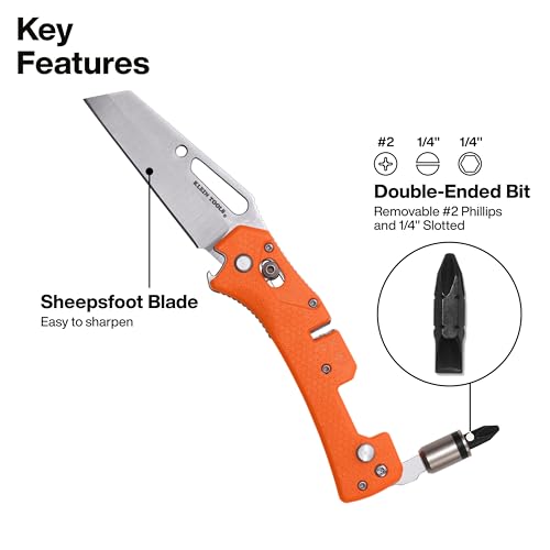 Klein Tools 44056D Electrician's Pocket Knife with Driver, Sheepsfoot Blade, Wire-Stripping Notch, Removable 1/4-Inch Slotted and #2 Phillips Bit, 90 and 180-Degree Driver Locking Positions