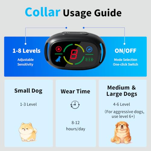 Dog Bark Collar for Large Medium Small Dogs 8-150lbs 1Pack | 8 Sensitivity Levels, 3 Safe Training Modes, Rechargeable Auto Smart Anti Barking Device Black