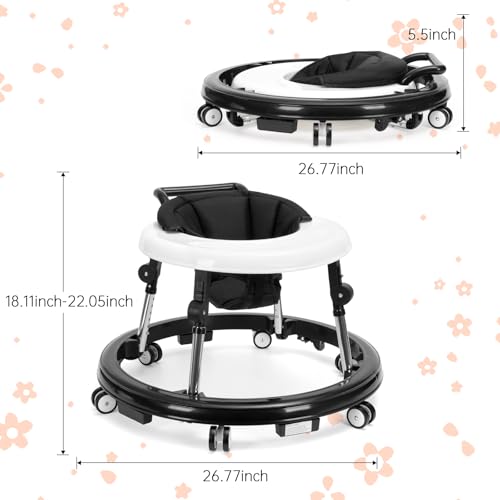 Foldable Baby Walker with 9 Height Adjustments, Portable Wheels, for Boys & Girls 6–18 Months