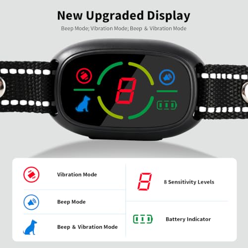 Dog Bark Collar for Large Medium Small Dogs 8-150lbs 1Pack | 8 Sensitivity Levels, 3 Safe Training Modes, Rechargeable Auto Smart Anti Barking Device Black