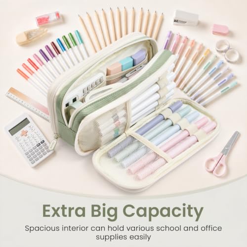 Sooez Large Capacity Pencil Case Pouch, Cute Pencil Pouch Pencil Bag | 3 Compartment, Aesthetic Pen Case with Zipper, Sturdy Stationery Organizer, School Supplies for Teen Girl Boy Women Men, Pink