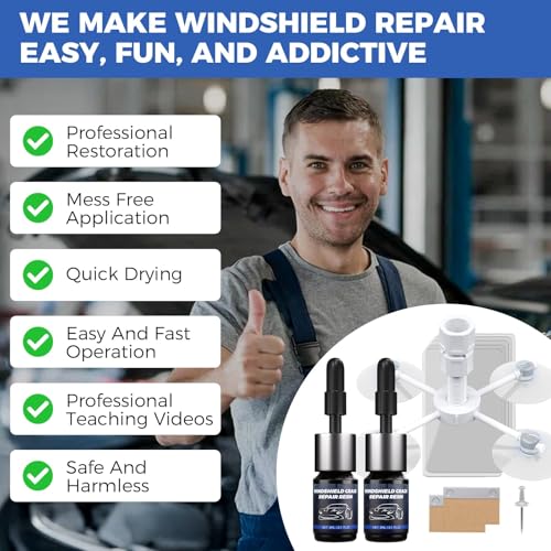 Windshield Chip Repair Kit,2 Bottles Car Glasses Repair kit | Quick and Efficiency Windshield Repair Kit with Suction Cup for All Cracks, Bulls-Eye and Star-Shape Cack