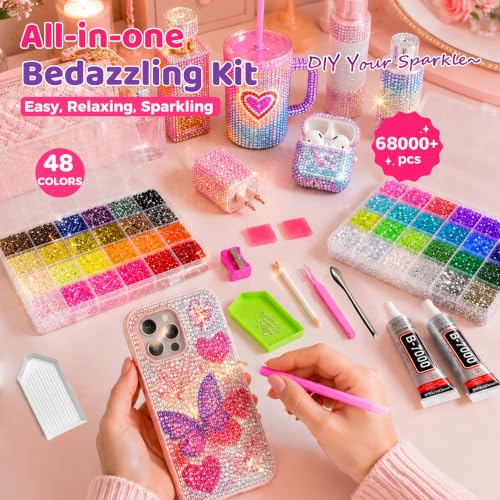68,000Pcs 48 Colors Bedazzling Kit, 3mm Resin Jelly Flatback Rhinestones | Complete Bedazzler Kit with 100ml B7000 Glue & All Tools, Perfect for DIY Crafts, Diamond Art & Decorating