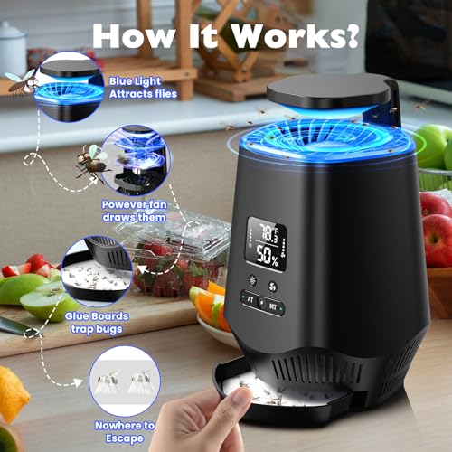 Fruit Fly Traps for Indoors, Smart Fly Trap Indoor Bug Zapper Gnat Traps for House Indoor with Temperature and Humidity Sensor, 10PCS Sticky Boards Black