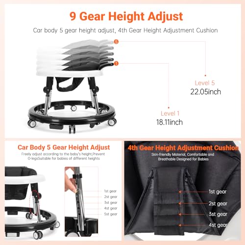 Foldable Baby Walker with 9 Height Adjustments, Portable Wheels, for Boys & Girls 6–18 Months