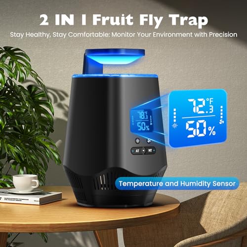 Fruit Fly Traps for Indoors, Smart Fly Trap Indoor Bug Zapper Gnat Traps for House Indoor with Temperature and Humidity Sensor, 10PCS Sticky Boards Black