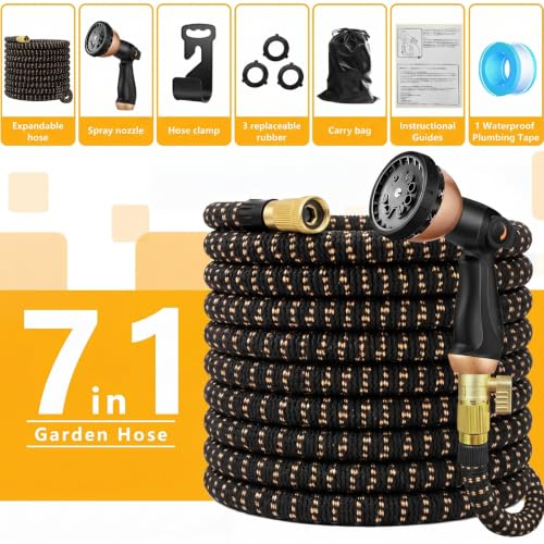 100 ft Expandable Garden Hose, Lightweight Expanding Water Hose with 10 Function Nozzle, 3/4" Solid Brass Fittings, 5-Layer Latex Core, No-Kink Flexible Retractable Hose for Patio, RV, Car Washing