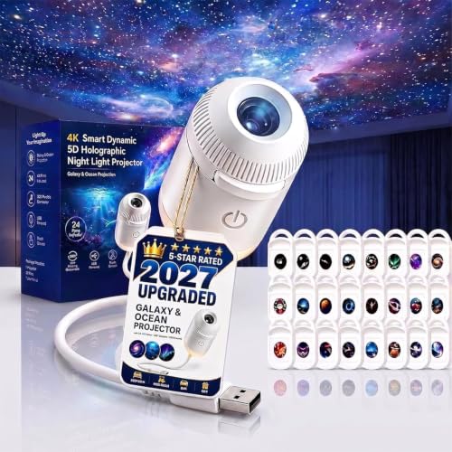 2027 Upgraded Hd Smart Dynamic 5d Holographic Night Light Projector - Plug and Play Hd Star Projector, 360° Adjustable Hd Galaxy and Ocean Projector for Bedroom Ceiling，24 Projection Films