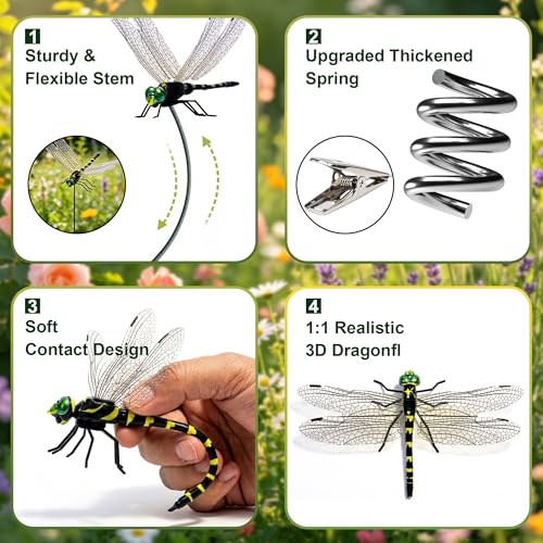12 Pack 3D Dragonfly Clips, Fake Dragonflies with Stakes, Realistic Plastic Dragonfly Garden Decorations, Fly Deterrent Clips for Hats, Pets, Horses, Deer, Yard, Patio, Indoor & Outdoor Decor