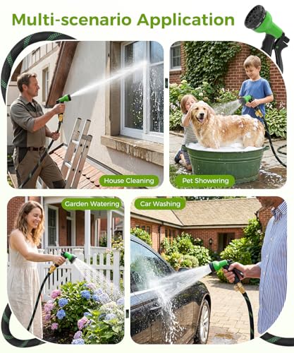 100ft Garden Hose，Non-Expandable Water Hose with 8 Function Spray Nozzle | Lightweight，Knik-Free，Burst-Resistant，Durable & Flexible 3/4" Garden Hose for Yard，Lawn, House Cleaning, Car Washing