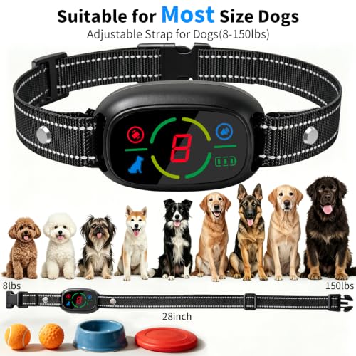 Dog Bark Collar for Large Medium Small Dogs 8-150lbs 1Pack | 8 Sensitivity Levels, 3 Safe Training Modes, Rechargeable Auto Smart Anti Barking Device Black
