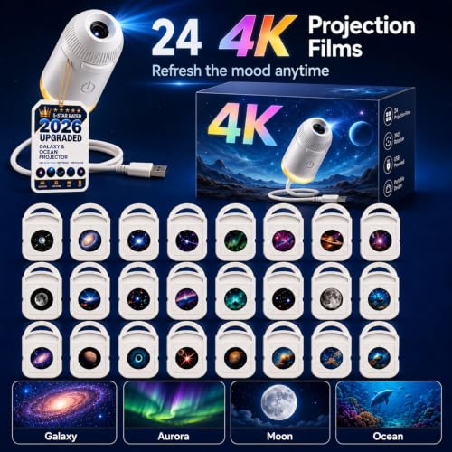 2027 Upgraded Hd Smart Dynamic 5d Holographic Night Light Projector - Plug and Play Hd Star Projector, 360° Adjustable Hd Galaxy and Ocean Projector for Bedroom Ceiling，24 Projection Films