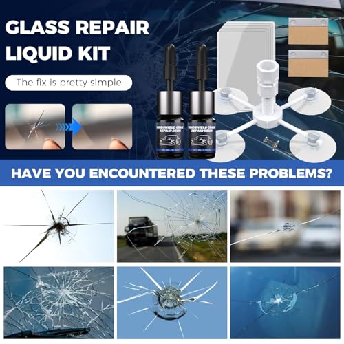 Windshield Chip Repair Kit,2 Bottles Car Glasses Repair kit | Quick and Efficiency Windshield Repair Kit with Suction Cup for All Cracks, Bulls-Eye and Star-Shape Cack