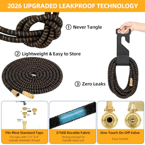 100 ft Expandable Garden Hose, Lightweight Expanding Water Hose with 10 Function Nozzle, 3/4" Solid Brass Fittings, 5-Layer Latex Core, No-Kink Flexible Retractable Hose for Patio, RV, Car Washing