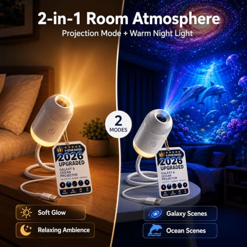 2027 Upgraded Hd Smart Dynamic 5d Holographic Night Light Projector - Plug and Play Hd Star Projector, 360° Adjustable Hd Galaxy and Ocean Projector for Bedroom Ceiling，24 Projection Films