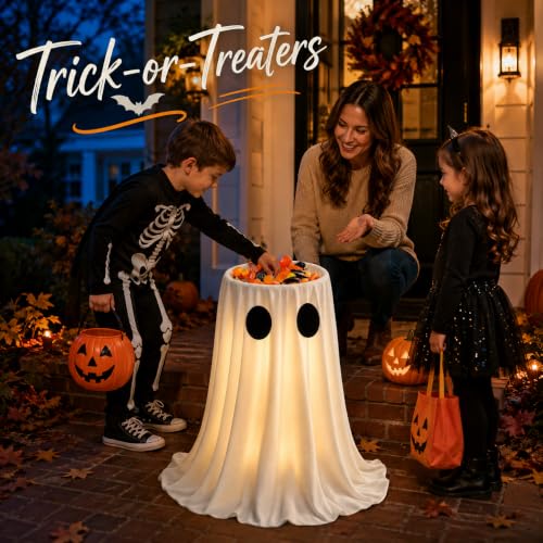 30 in Large-Capacity Lighted Halloween Ghost Candy Bowl with Timer Remote | Halloween Candy Bowl for Trick-or-Treat, Thick Draping Ghost Sheet, Halloween Decorations for Outdoor Porch Yard Front-Door