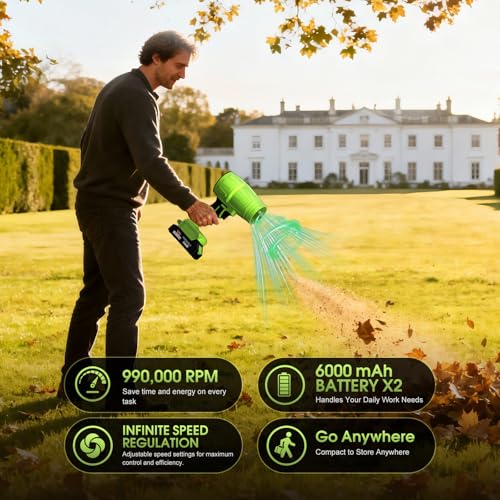 Leaf Blower 2x6.0Ah Battery & Charger,Electric Cordless Leaf Blower(Green) | 990000 RPM High-Speed hand held blower for Lawn Care, Garden,Blowing Snow,Patio, Leaves, Dust