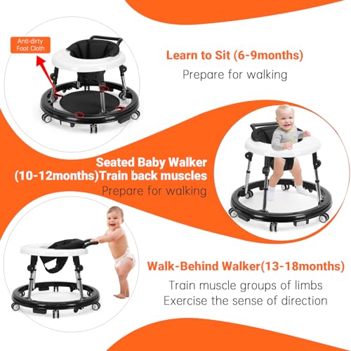 Foldable Baby Walker with 9 Height Adjustments, Portable Wheels, for Boys & Girls 6–18 Months