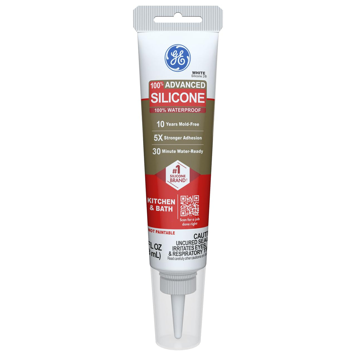 GE Advanced Silicone Caulk for Kitchen & Bathroom, White, 2.8 fl oz Tube, 1 Pack - 100% Waterproof Silicone Sealant, 5X Stronger Adhesion, Shrink & Crack Proof