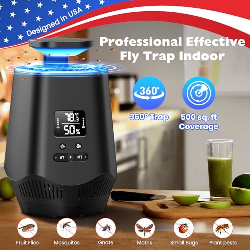 Fruit Fly Traps for Indoors, Smart Fly Trap Indoor Bug Zapper Gnat Traps for House Indoor with Temperature and Humidity Sensor, 10PCS Sticky Boards Black