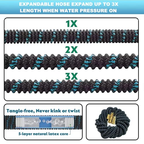 100 ft Expandable Garden Hose - Kink Free Flexible Water Hose 100ft with 10 Pattern Spray Nozzle, 3/4 Solid Brass Connectors, Retractable Latex Core - Lightweight Expanding Hose