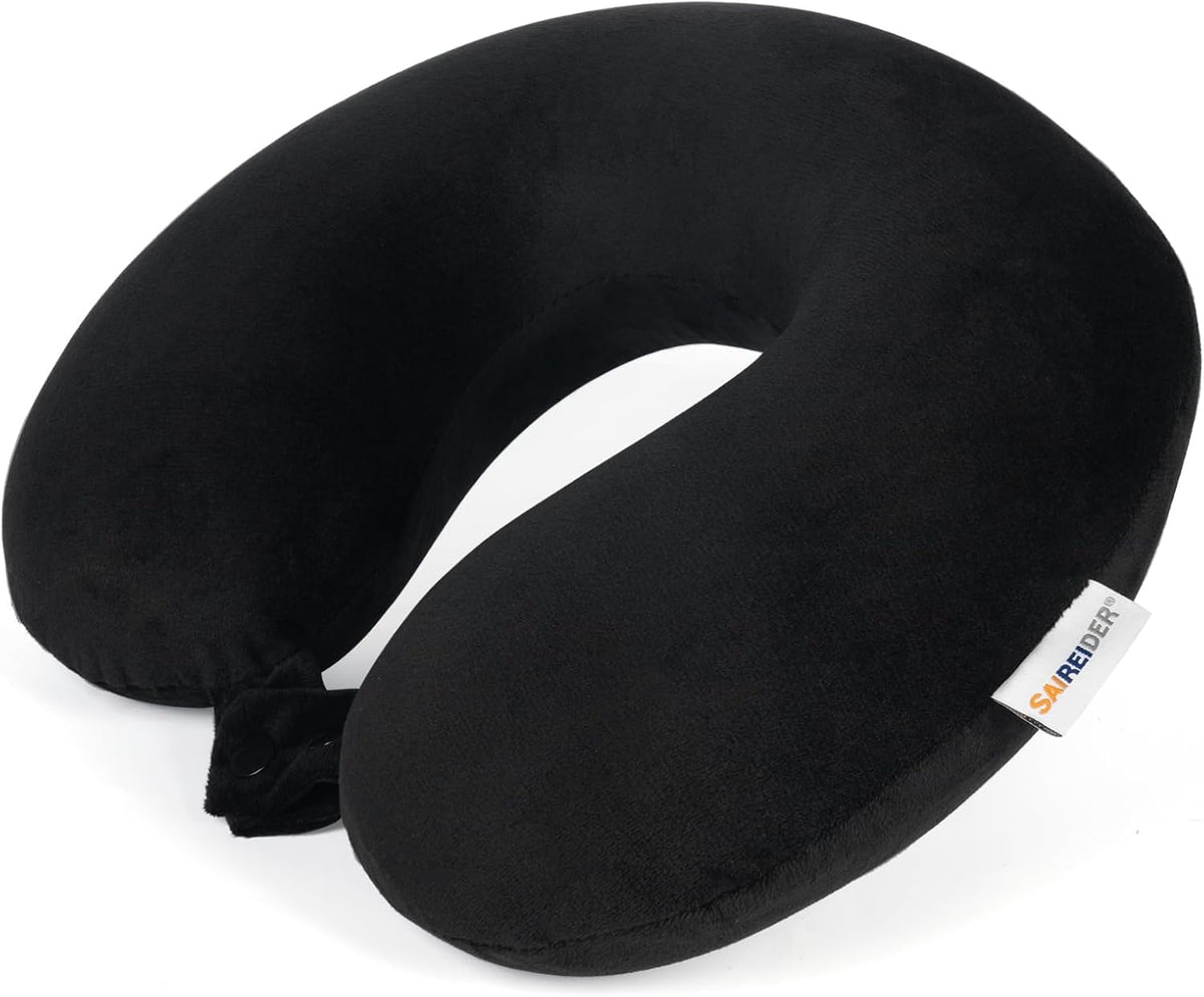 SAIREIDER Travel Pillow 100% Pure Memory Foam Travel Neck Pillow, Airplane Pillow for Traveling‹ہCar‹ہHome‹ہOffice•?ÎWashable Cover•?öBlack•?ä