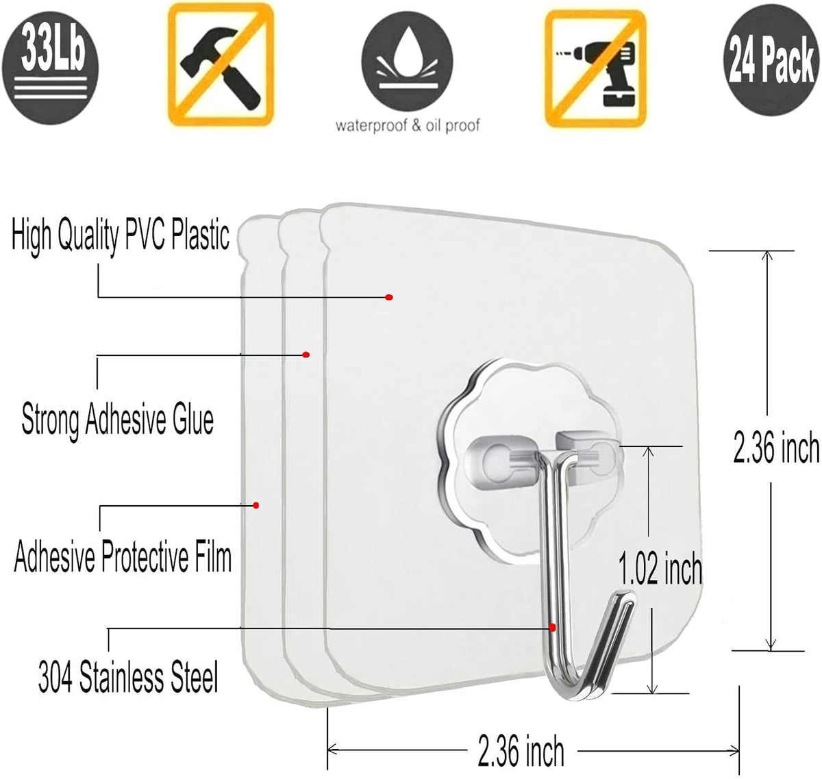 Jwxstore 24 Pack Self Adhesive Hooks Heavy Duty - 33lb Max, Transparent, Waterproof, Sticky Wall Hooks for Keys, Bathroom, Shower, Outdoor, Kitchen, Door, Home Improvement, Utility Hooks