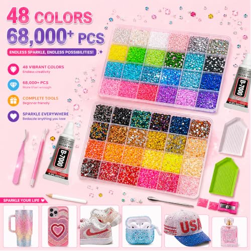 68,000Pcs 48 Colors Bedazzling Kit, 3mm Resin Jelly Flatback Rhinestones | Complete Bedazzler Kit with 100ml B7000 Glue & All Tools, Perfect for DIY Crafts, Diamond Art & Decorating