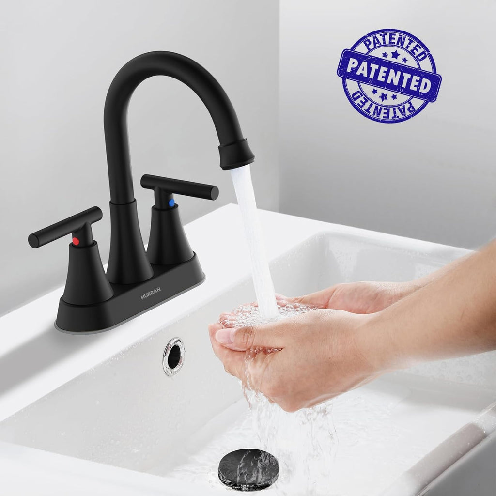 Bathroom Faucets for Sink 3 Hole, Hurran 4 inch Matte Black with Pop-up Drain and 2 Supply Hoses, Stainless Steel Lead-Free 2-Handle Centerset Faucet for Sink Vanity