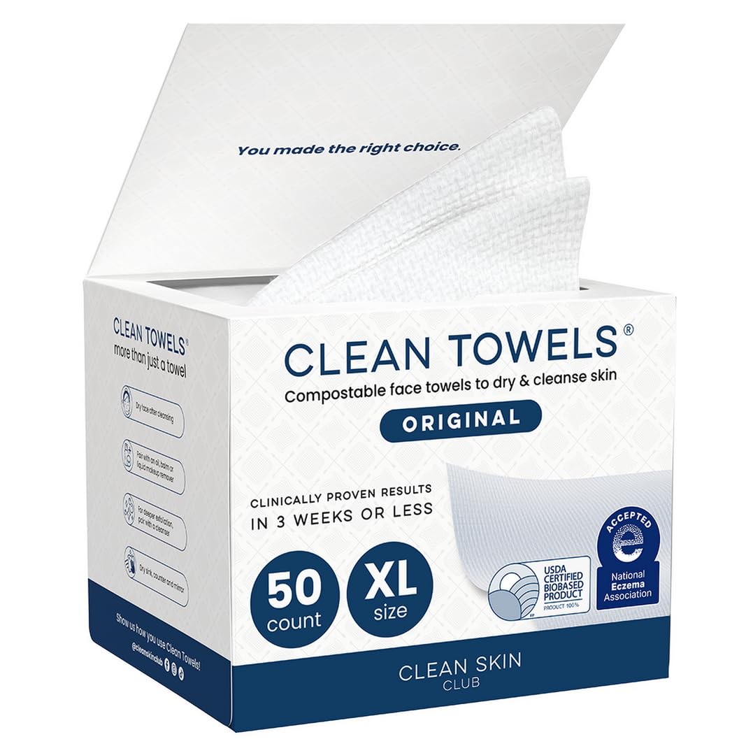Clean Skin Club Clean Towels XLå¨, 100% USDA Biobased Face Towel, Disposable Face Towelette, Eczema Association Accepted, Makeup Remover Dry Wipes, Ultra Soft, 1 Pack, 50 Ct
