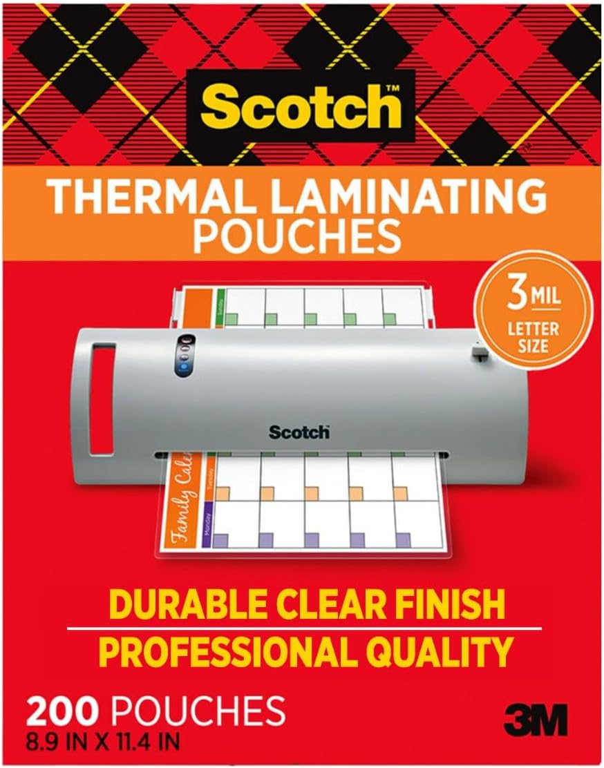 Scotch Thermal Laminating Pouches, 200 Count, Clear, 3 mil., Ideal Office or School Supplies, Fits Letter Sized Paper (8.9 in. ÌÑ 11.4 in.)
