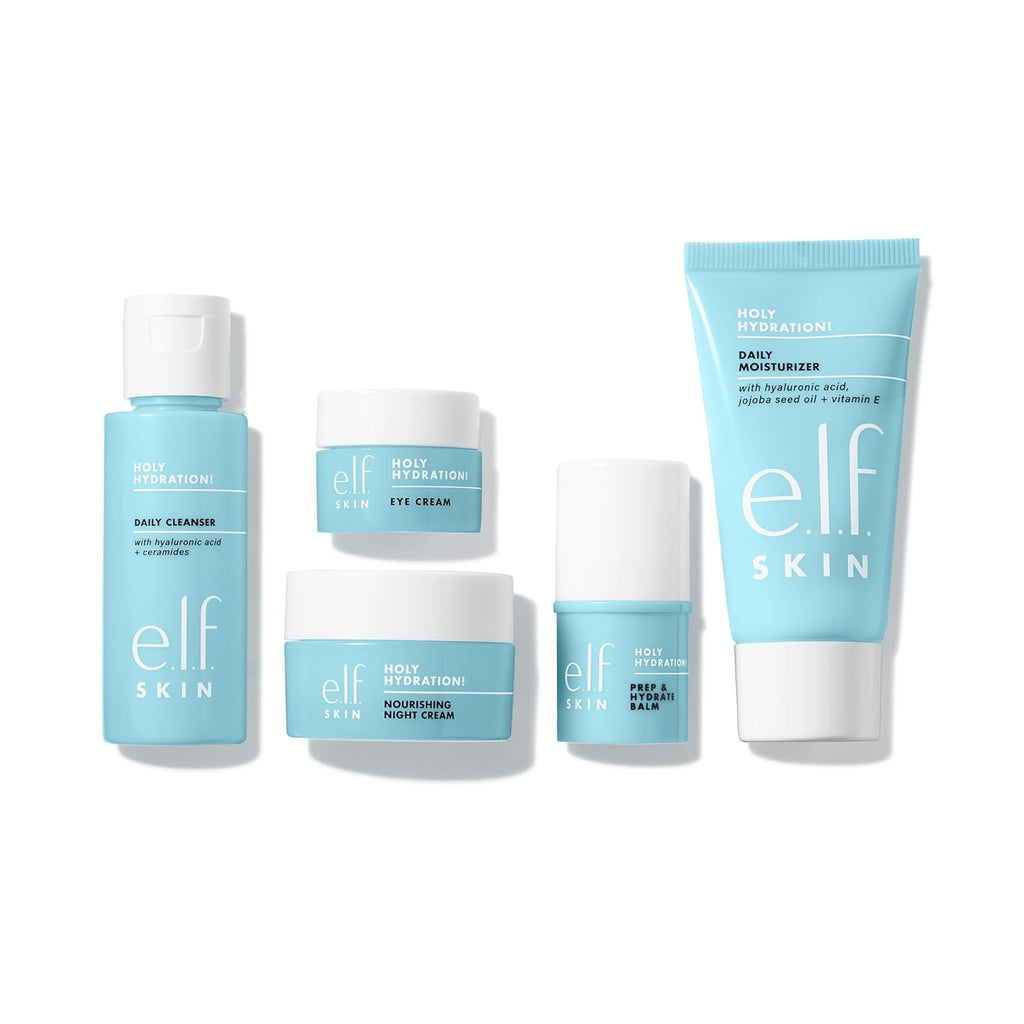 e.l.f. SKIN Holy Hydration! Jet Set Hydration Kit, Travel Friendly Hydrating Skincare Set, Face Cleanser, Balm, Moisturizer, Eye Cream & Night Cream, Vegan & Cruelty-Free