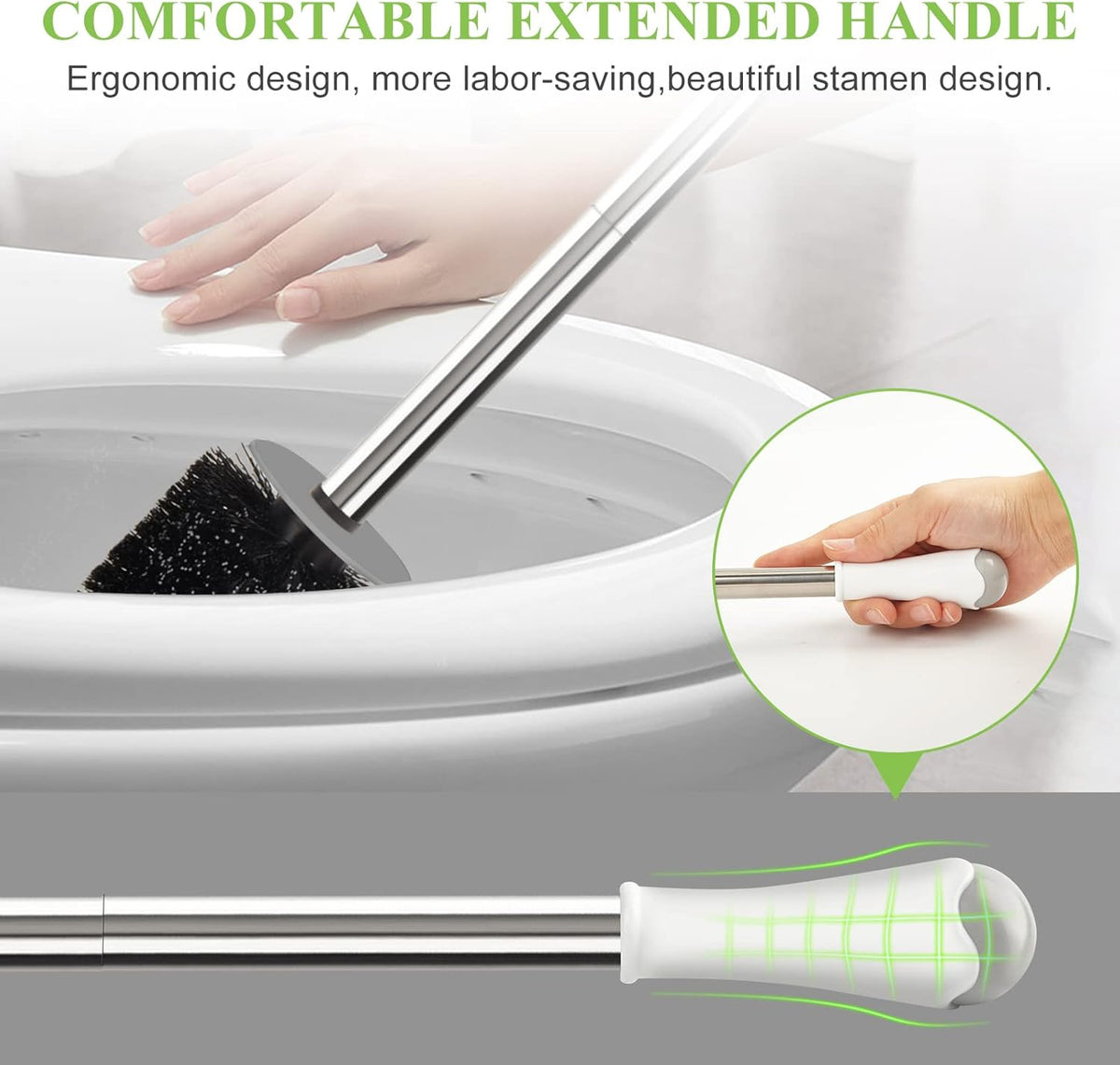 AONEZ Compact Toilet Brush & Holder, Stainless Steel Handle, Space Saving for Storage, Deep Cleaning, Drip-Proof, Easy to Assemble, Nylon Bristles, White & Grey