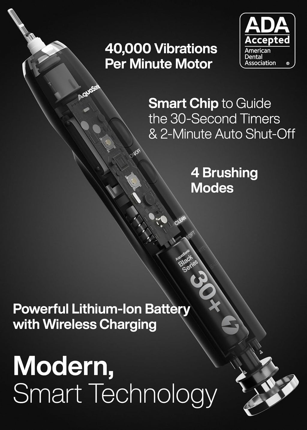 Aquasonic Black Series Ultra Whitening Toothbrush ‰ÛÒ ADA Accepted Electric Toothbrush- 8 Brush Heads & Travel Case ‰ÛÒ 40,000 VPM Electric Motor & Wireless Charging - 4 Modes w Smart Timer
