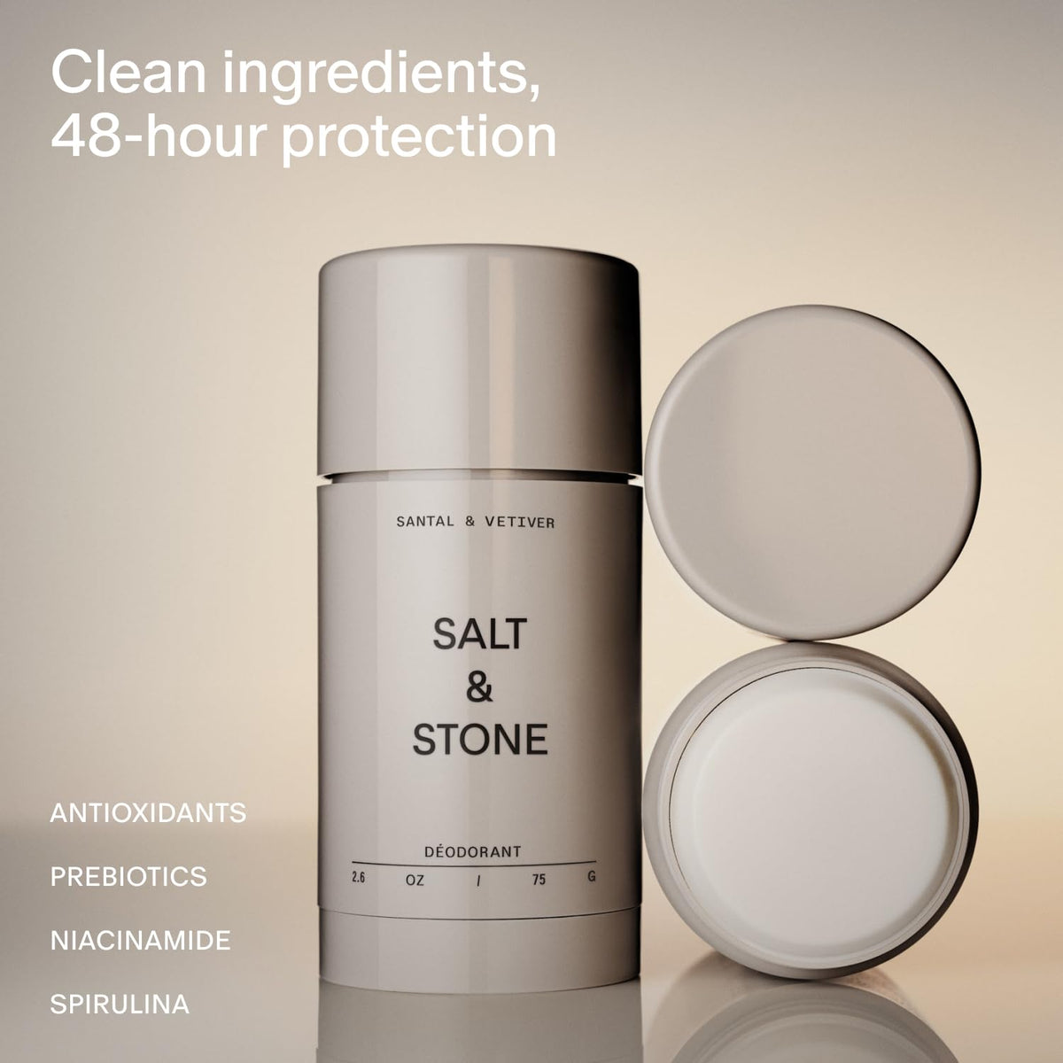 Salt & Stone Aluminum Free Deodorant | Extra Strength 48 Hour Protection for Women & Men | Made with Seaweed Extracts, Niacinamide & Prebiotics | Santal & Vetiver