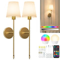 Brightown Battery Operated Wall Sconces Set of Two,Gold Sconces Wall Decor | RGBWW Rechargeable Wall Lights with Dimmable Magnetic Bulbs & Remote, Wireless Wall Lamp for Living Room Bedroom Hallway