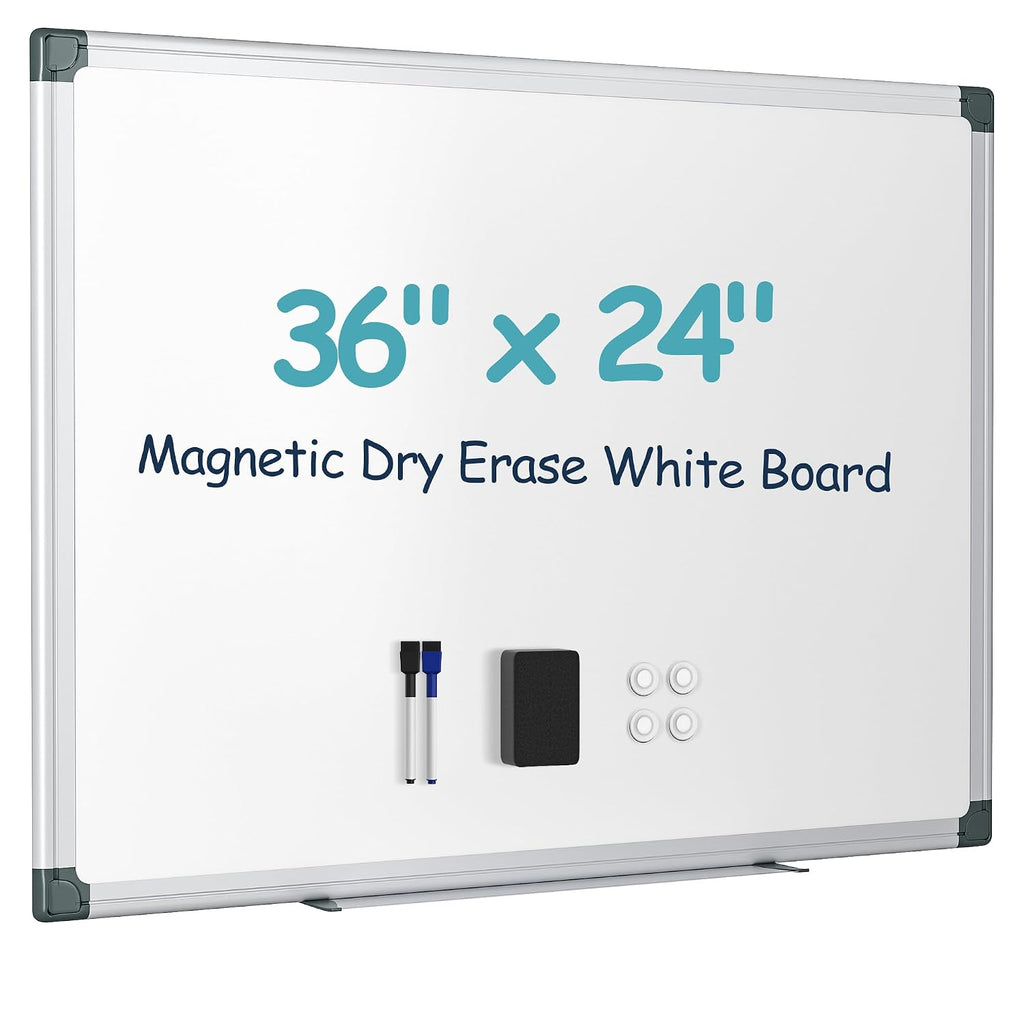 VUSIGN 36" x 24" Magnetic Dry Erase Board for Wall with Aluminum Frame | Markers, Magnets, Eraser & Tray Included, Dry Erase White Board for Office, School, Home