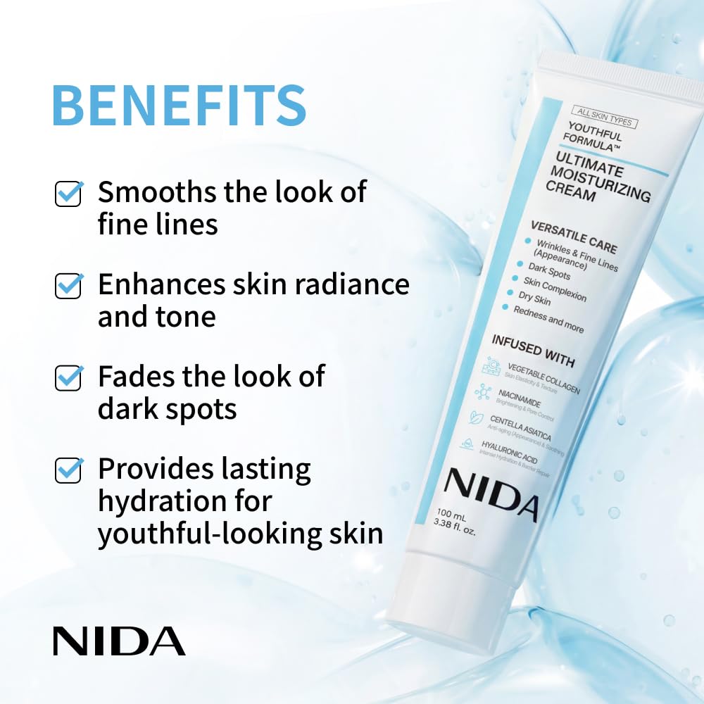 NIDA Youthful Formula‰ã¢ Ultimate Moisturizing Cream | Centella Asiatica, Niacinamide, Hyaluronic Acid, Collagen | Wrinkles, Fine Lines, Dark Spots, Dry Skin, Redness | 3.38 fl. oz., 100ml (New Formula)