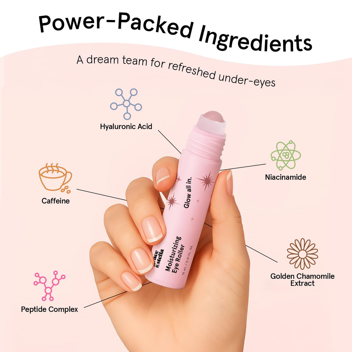 grace & stella Under Eye Brightener with Rose Quartz Rollerball - Centella Asiatica & Caffeine Under Eye Serum for Dark Circles & Puffiness - Travel Essentials, Birthday Gifts for Mom (15ml/0.51floz)