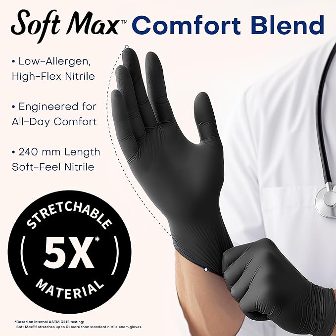 Supmedic Medical Soft Max‰ã¢ Black Nitrile Disposable Gloves, 100 Pcs, Latex-Free & Powder-Free Food Safe Food Prep Exam Gloves