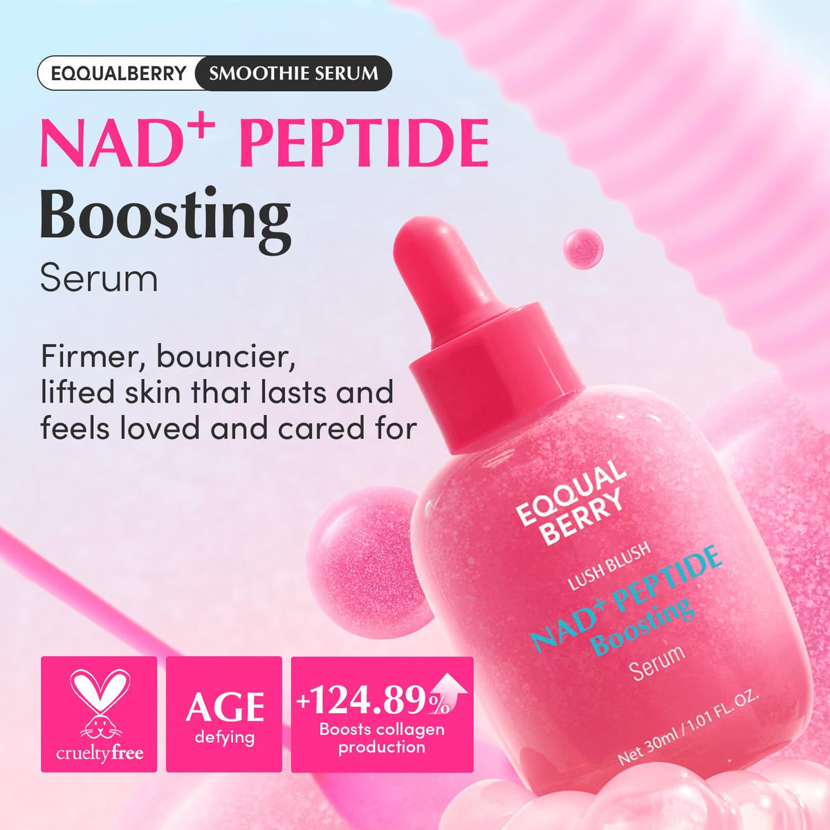 EQQUALBERRY NAD+ Peptide Boosting Serum ‰ÛÒ Niacinamide 2% + 14 Peptides + Vegan Collagen Anti-Aging Korean Skincare Face & Neck & Body Serum | Firming & Lifting Pink Serum (1.01oz / 30ml)