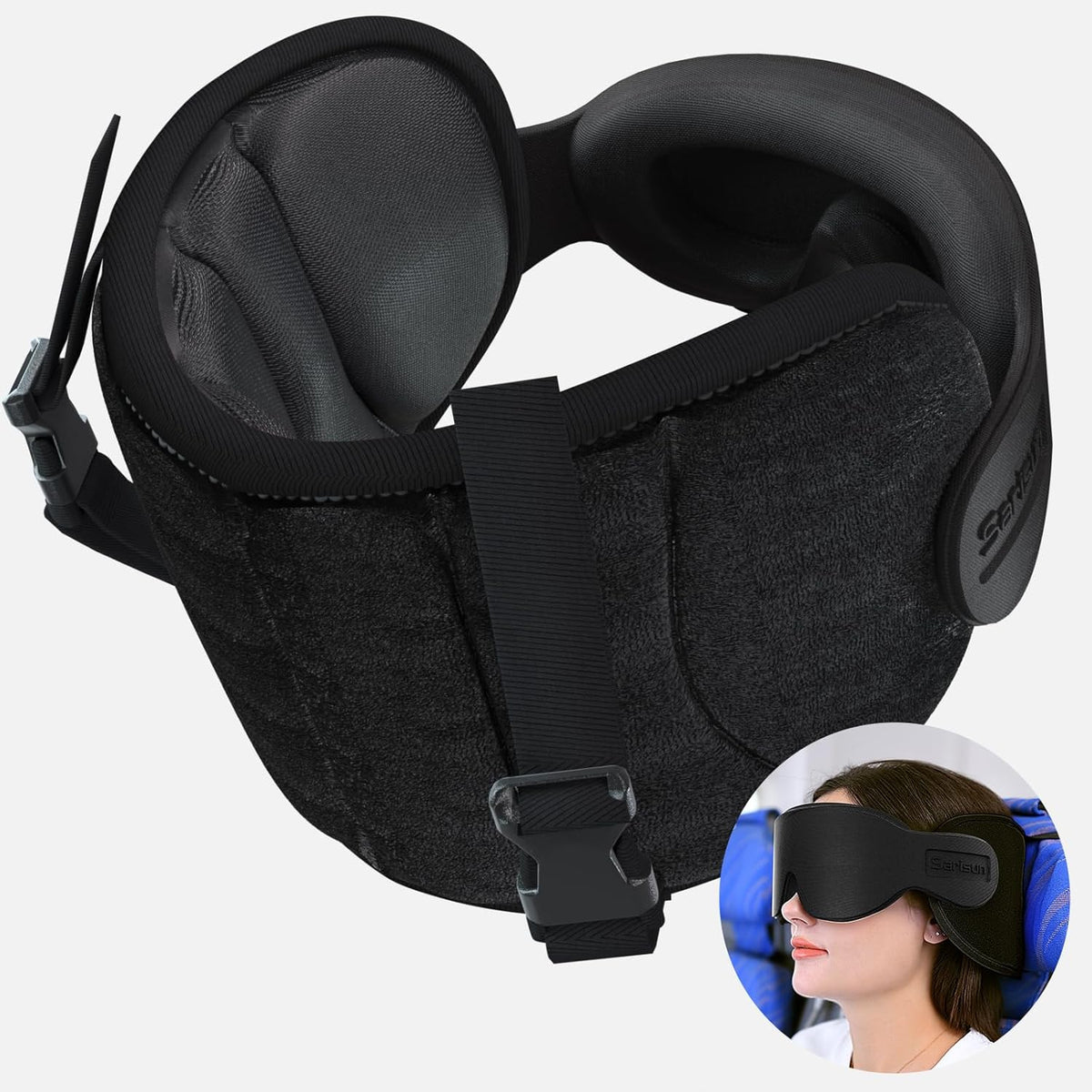 SARISUN Travel Pillows for Airplanes, Airplane Pillow for Long Flight, Airplane Head Strap with Eye Mask for Sleep, Travel Neck Pillow for Car Road Trip, 360å¡ Support Headrest, Stop Bobblehead, Black