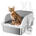 Stainless Steel Cat Litter Box with Lid, XL Metal High Sided Litter Box | Odor Free Open Top Litter Pan Easy Cleaning Anti-Urine Leakage Non-Stick Includes Scoop Light Grey