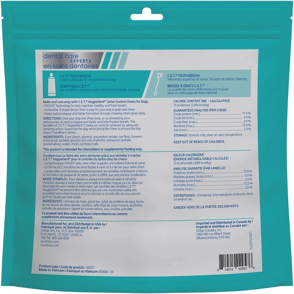 Virbac C.E.T.å¨ VEGGIEDENTå¨ FR3SHå¨ Tartar Control Chews for Dogs with digestive health support, VOHC Approved, Medium 22-66lbs