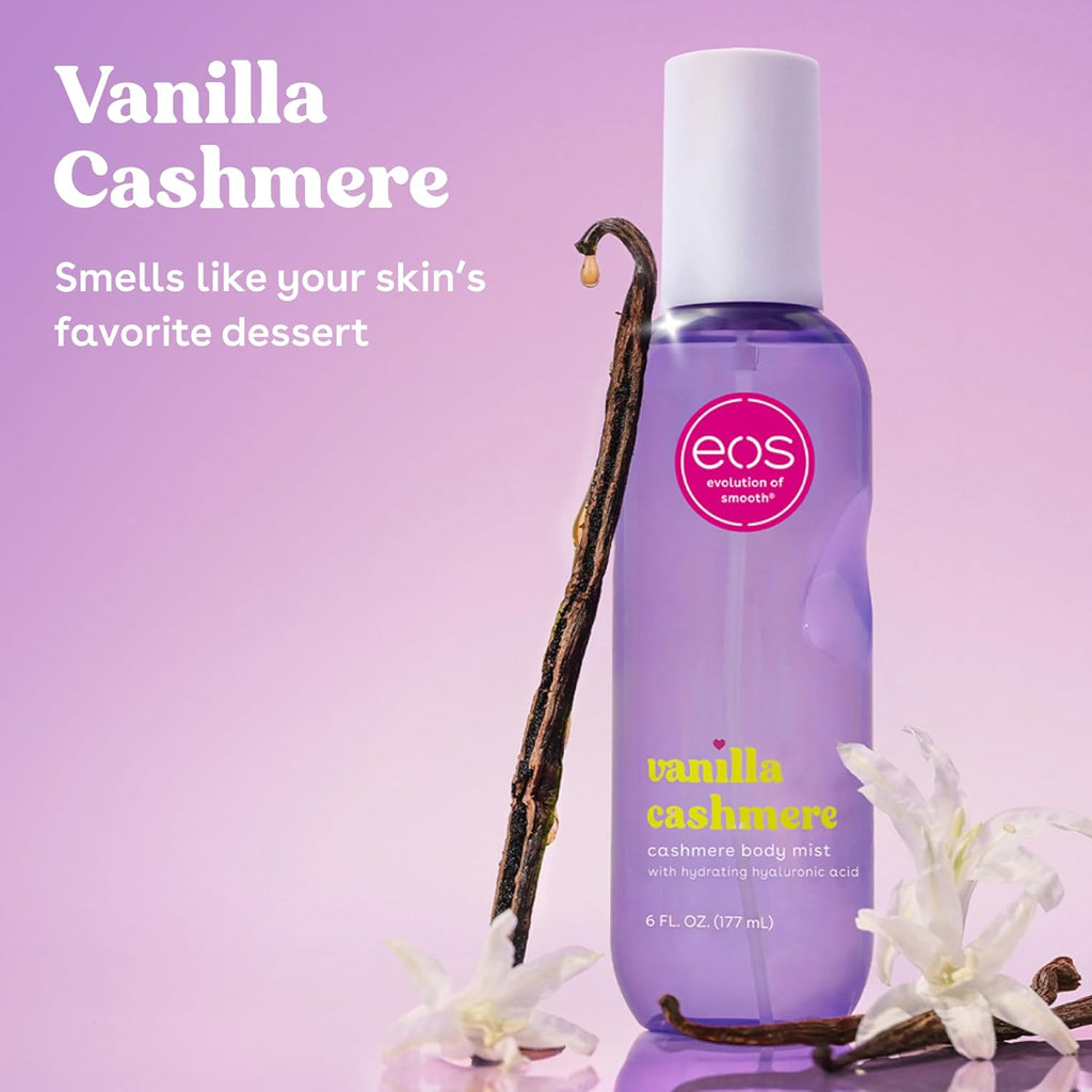 eos Cashmere Body Mist, Vanilla Cashmere, Soft Musk, Cozy Caramel, Hair Mist, Body Spray for Women Moisturizing, Hyaluronic Acid, Vanilla Body Spray, Vegan, Cruelty-free, 6 fl oz
