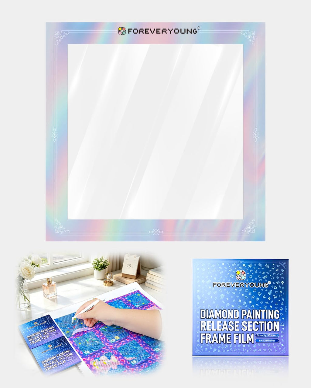 ForeverYoung Reusable Diamond Art Release Film 30 PCS Gradient Rainbow | Non-stick release paper for diamond painting. 10×10cm reusable sheets help section artwork easily and keep workspace clean.